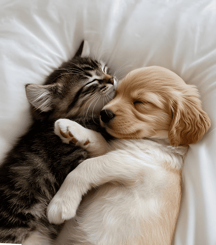 Cute puppy and kitten sleeping together